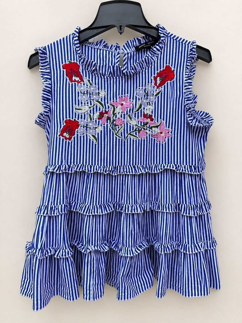 Romeo & Juliet Couture Blue and White Striped Ruffled Floral Appliqué Top